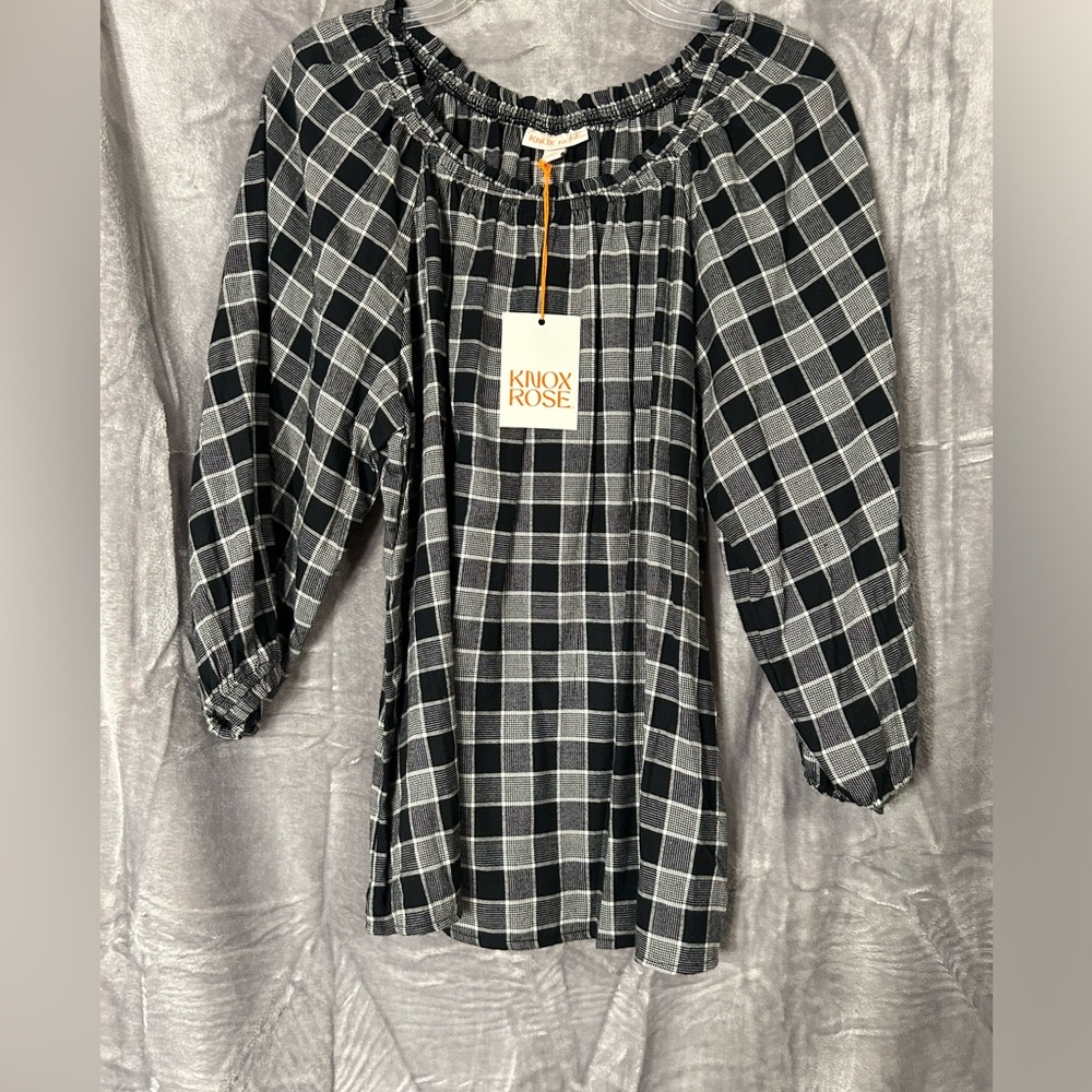 NWT Women’s Knox Rose Black White Plaid Peasant Blouse Top size Medium
